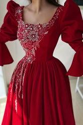 Red Prom Dress A Line Square Neck Lace Formal Dress With Sleeves